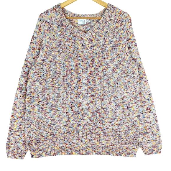 Womens Sweater XL Rainbow Chunky Cable‎ Knit Boho Cottagecore Crochet Fisherman - Picture 1 of 6